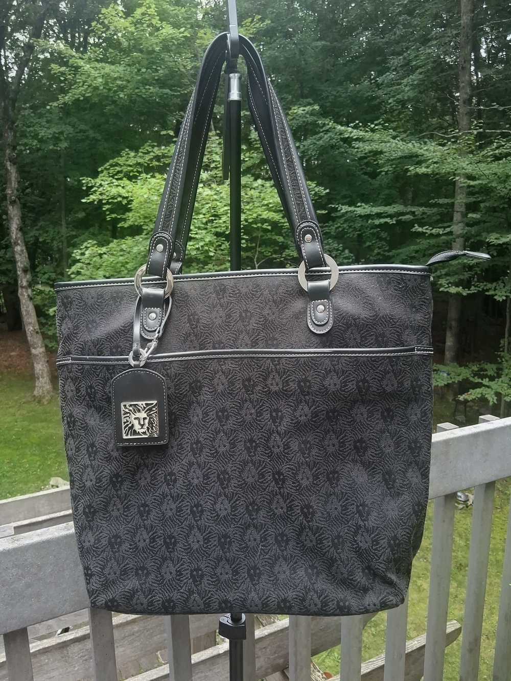 ANNE KLEIN Iconic Black Jacquard Lion Head Logo Large Tote Bag